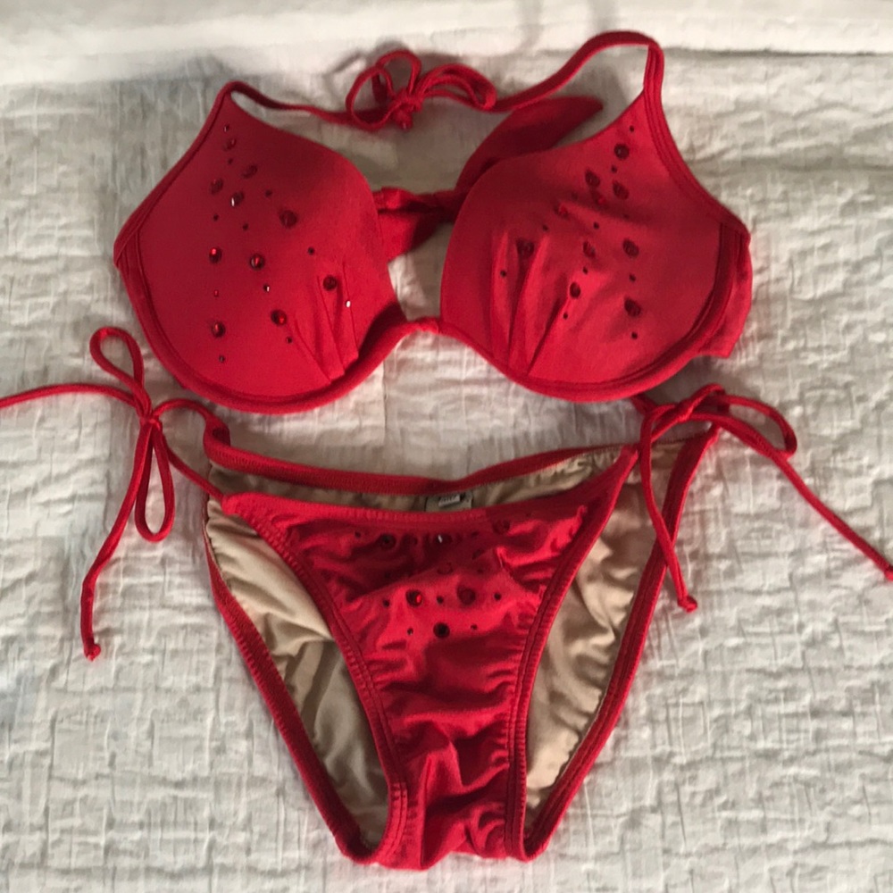 EUC Red Exotica Rhinestone Embellished Bikini Set, Sz Med